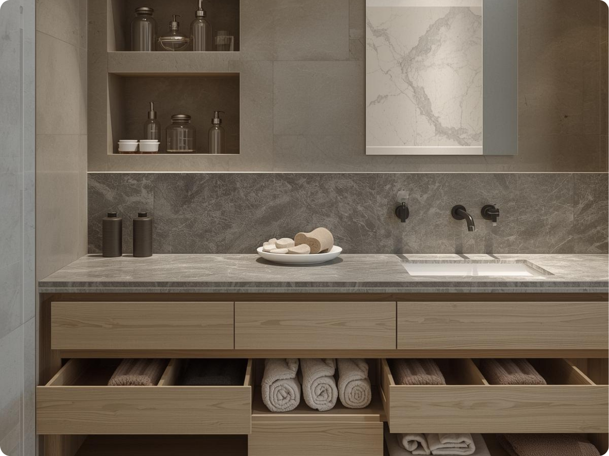 Spa-Like Bathroom With Hidden Storage Solutions expert decluttering tips reflected in a spa-style bathroom with hidden drawers and minimal decor